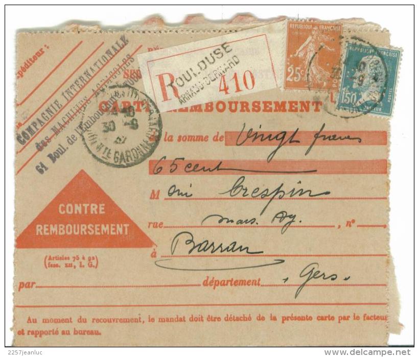 Lot De 5 Cartes De Remboursement Oblit Toulouse Arnaud Bernard De 1929 à 1932 Et Timbres Perforé - Documents De La Poste