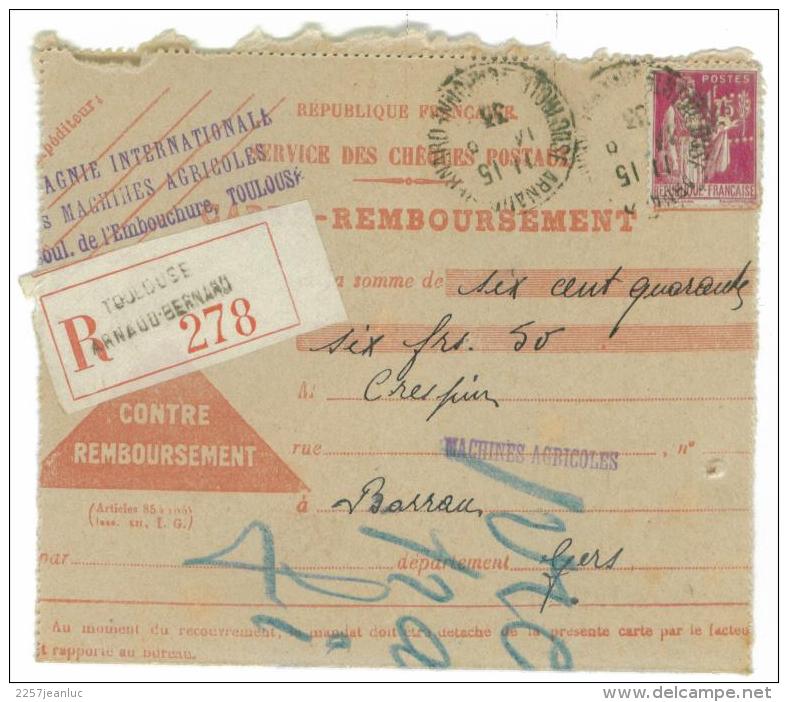 Lot De 5 Cartes De Remboursement Oblit Toulouse Arnaud Bernard De 1929 à 1932 Et Timbres Perforé - Documents De La Poste