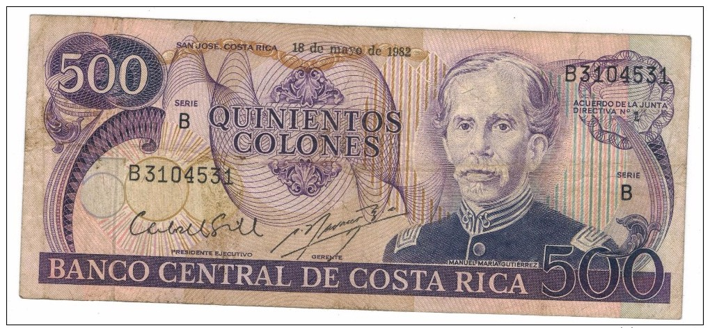Costa Rica 500 Colones 1982, VF.  FREE S/H TO USA. - Costa Rica