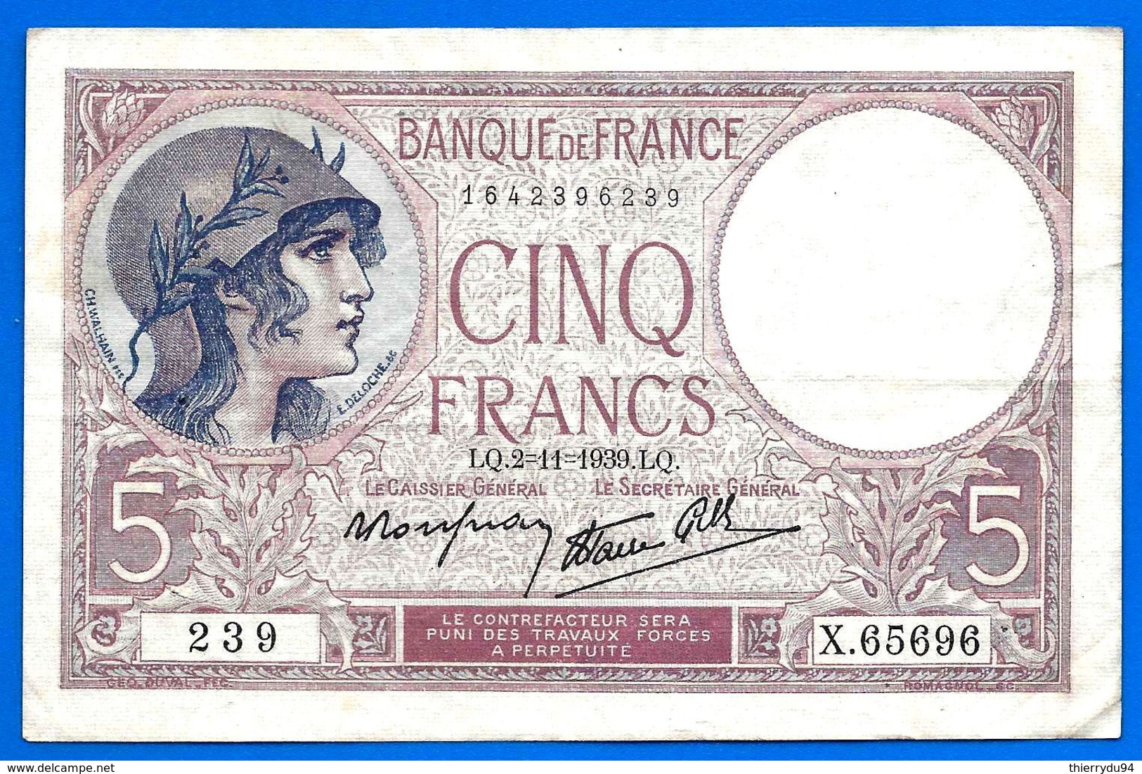 France 5 Francs 2 Novembre 1939 Serie X Violet Frcs Frc Paypal Bitcoin OK - 5 F 1917-1940 ''Violet''