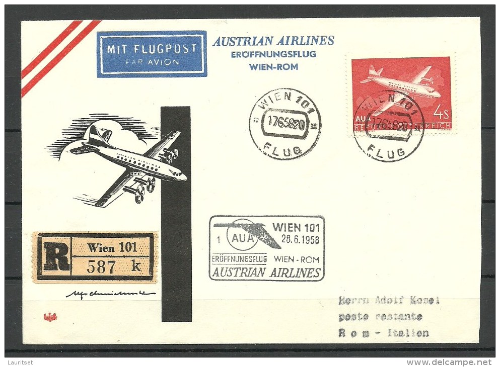 ÖSTERREICH AUSTRIA 1958 AUA Eröffnungsflug Wien - Roma R-Brief - Eerste Vluchten