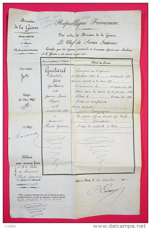 1859 Certificat Pour Campagne Et Décoration Médaille D'Italie Napoléon III Artilleur Guitard De Miramont(31)37.5x24.5cm - Avant 1871