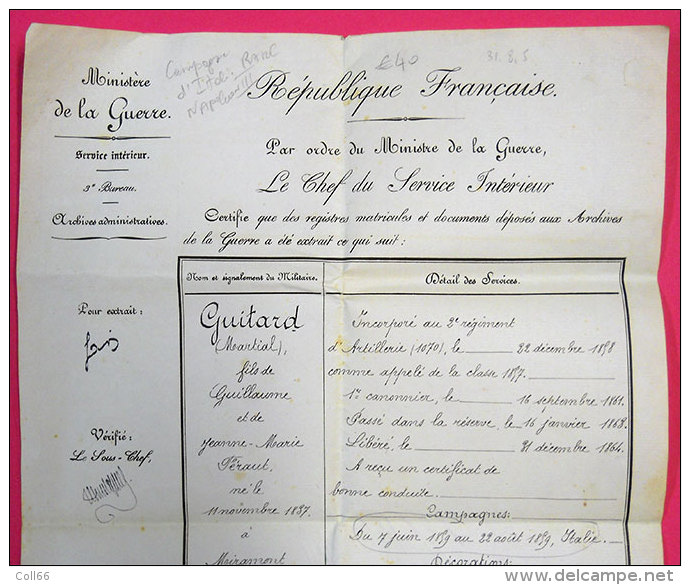 1859 Certificat Pour Campagne Et Décoration Médaille D'Italie Napoléon III Artilleur Guitard De Miramont(31)37.5x24.5cm - Avant 1871