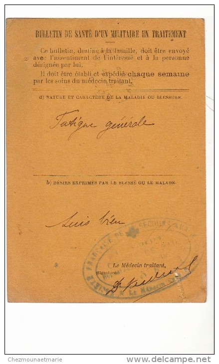 PAU CHAUMERGY - 1915 - HOPITAL AUXILIAIRE - BULLETIN DE SANTE D UN MILITAIRE EN TRAITEMENT - MUZILLARD - 35 EME REGIMENT - Documenti