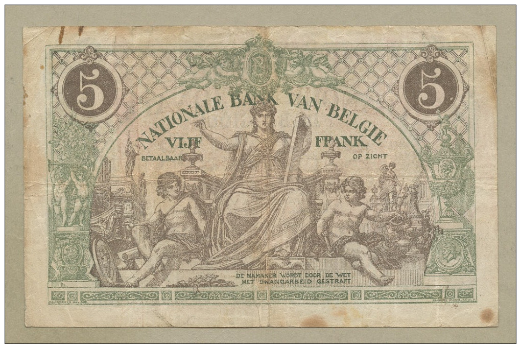 BELGIUM - 5 Francs  1914  P75a  Fine, Bdr Foxing  ( Banknotes ) - 5-10-20-25 Francs