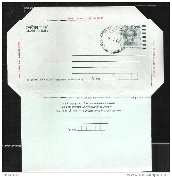 INDIA, 2009, Postal Stationery, Inland Letter, Indira Gandhi, With Cancellation - Inland Letter Cards