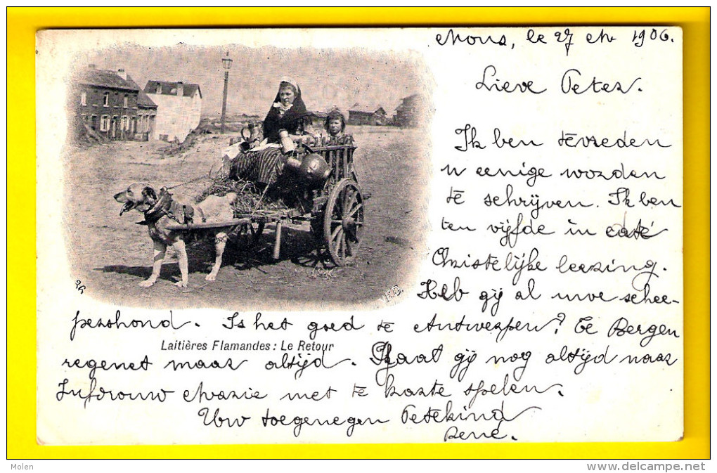 MONS 1906 ATTELAGE DE CHIEN LAITIERE FLAMANDE * HONDENKAR VLAAMS MELKMEISJE Dog Drawn Cart Voiture à Chiens LAIT 3193 - Marchands Ambulants