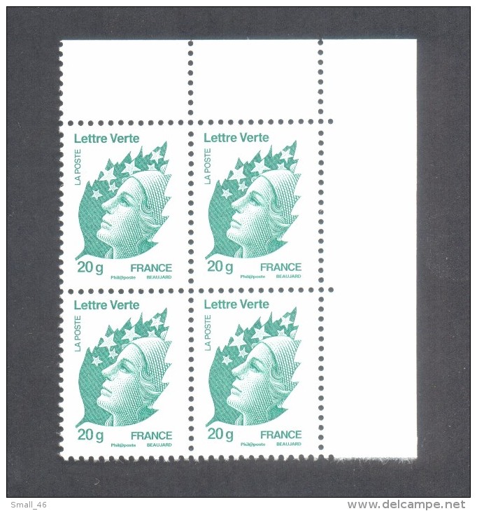 Marianne De Beaujard  - Lettre Verte 20gr - Adhésif - Bloc De 4 Timbres Avec Coin De Feuille - 2008-2013 Marianne De Beaujard