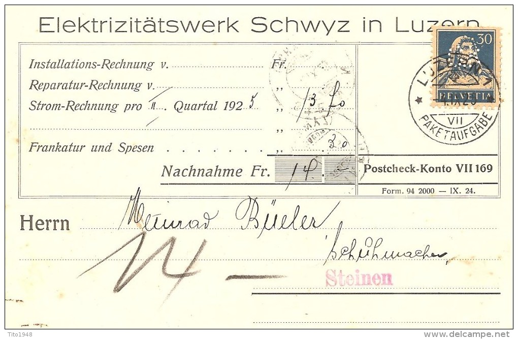 Schweiz, Zu 160, Nachnahme, Rollenmarke, Coil, Roulettes, Poko, Perfin C 34, Luzern 1.9.1925, Siehe Scans! - Lettres & Documents
