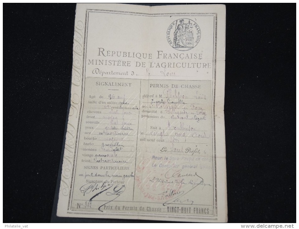 FRANCE - Permis De Chasse De 1906 De Montbrisson - à Voir - Lot P8897 - Collections