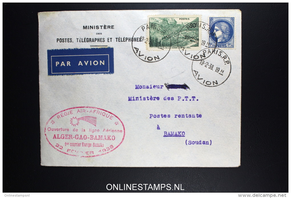 France: Ouverture De La Ligne Aérienne Alger Gao Bamako - Soudan  1938 Regie Air Afrique - Lettres & Documents