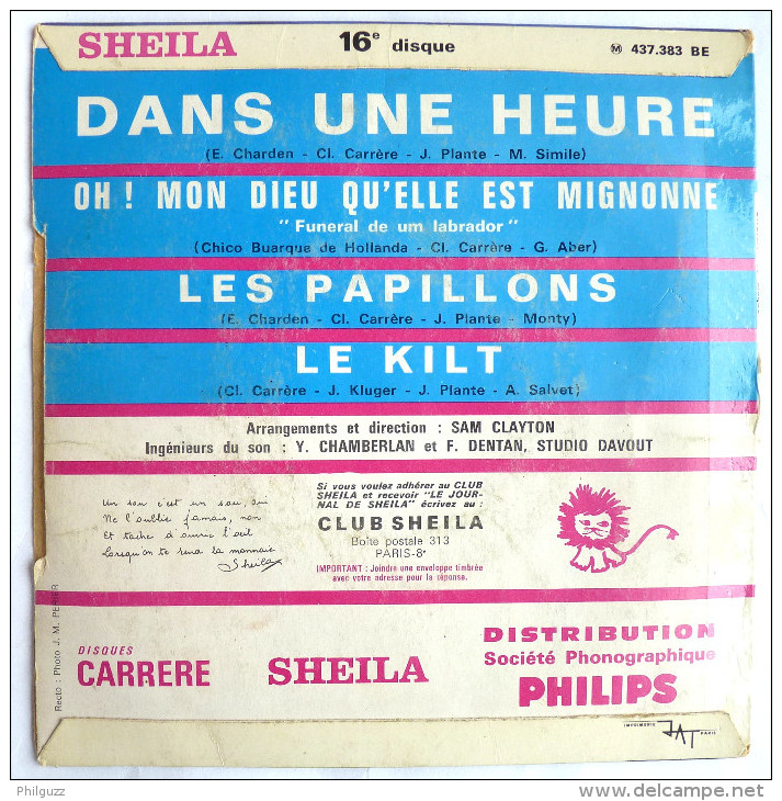 Disque Vinyle 45T SHEILA - LE KILT UN SOU C'EST UN SOU - CARRERE PHILIPS 437383 BE - BIEM - Blues