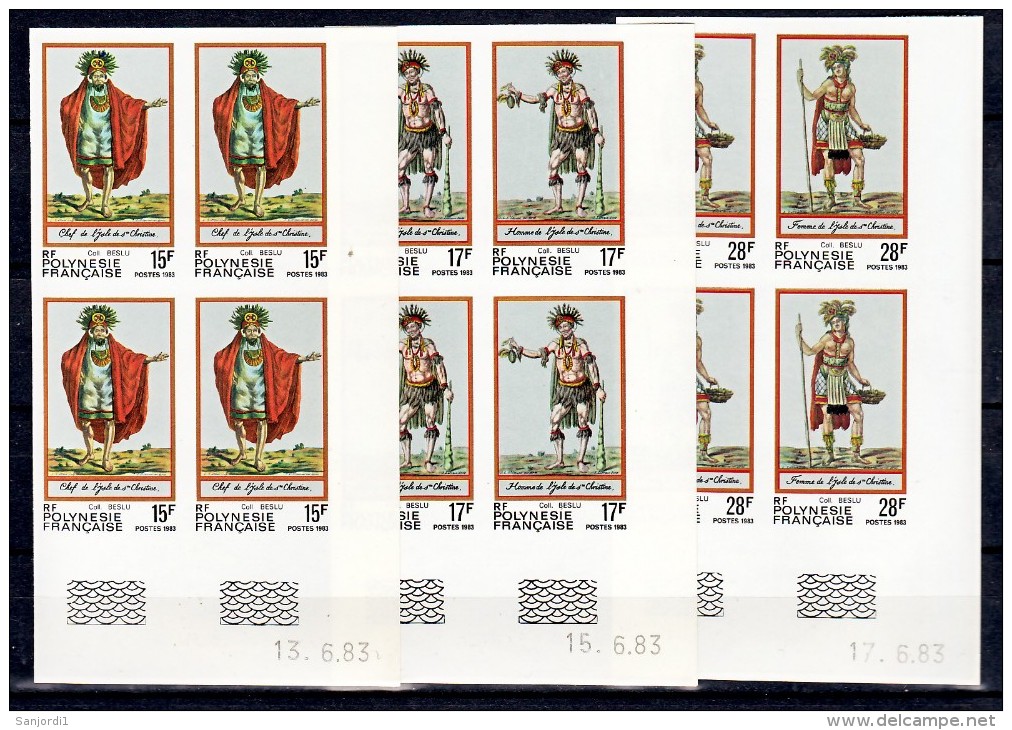 Polynésie Française  202 204 Gravures Costumes Anciens Non Dentelés Bloc De 4 Coin Daté 6 83 Neuf ** TB MNcote Maury 110 - Non Dentelés, épreuves & Variétés