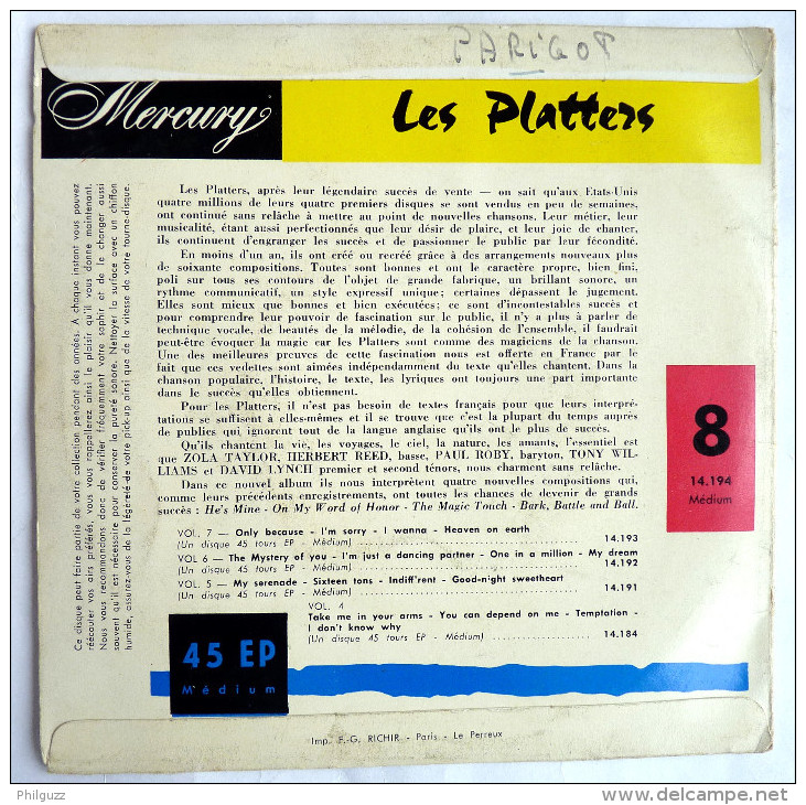 Disque Vinyle 45T LES PLATTERS - HE'S MINE (2) -  MERCURY 14194 - 1957 BIEM - Rock