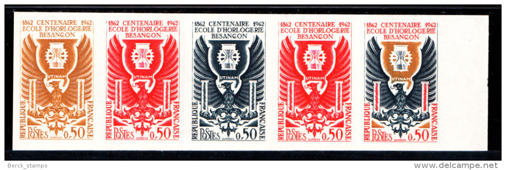 FRANCE - N°1342** - 100e Anniversaire De L'école D'horlogerie De Besançon - Essais De Couleur En Bande De 5. - Relojería