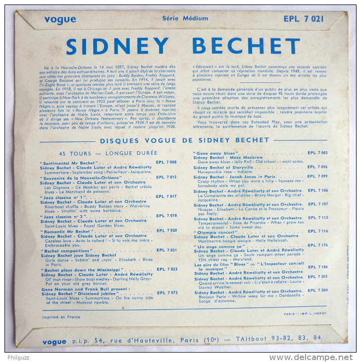 Disque Vinyle  45T SIDNEY BECHET ET SON ORCHESTRE - GIRLS DANCE BLUES IN PARIS -  VOGUE EPL 7021 - 1955 BIEM - Blues