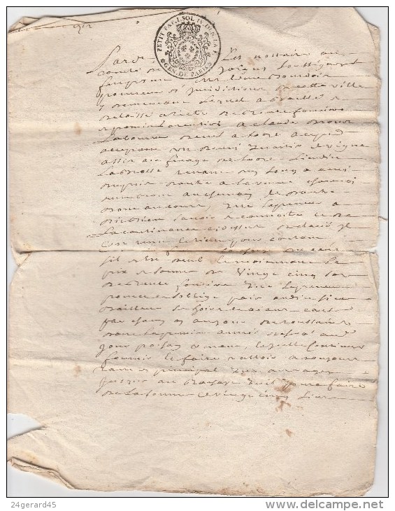 GENERALITE DE PARIS 14/11/1722 TIMBRE HUMIDE FISCAL 1 SOL 4 DENIERS PETIT PAPIER - Gebührenstempel, Impoststempel