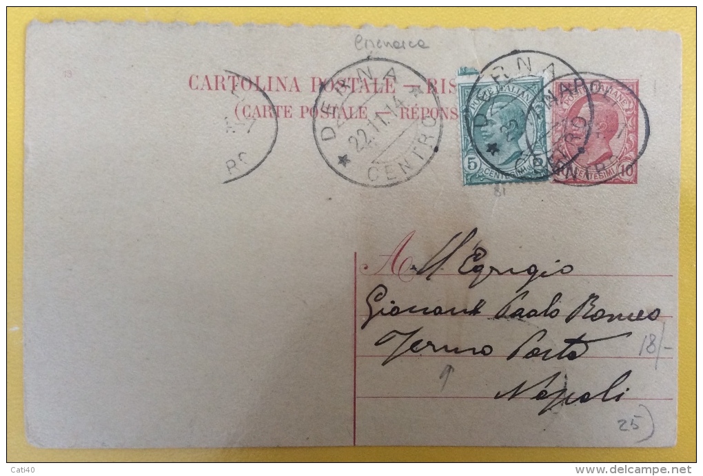 COLONIE ITALIANE - INTERO POSTALE RISPOSTA 10+5 C. DA DERNA CENTRO A NAPOLI FERMO POSTA - 1914 - Eritrea