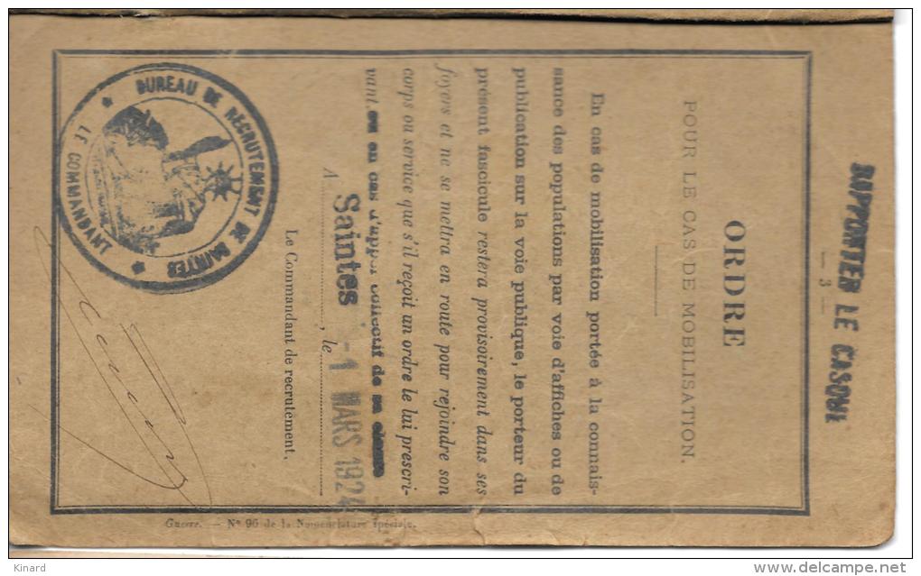 FASCICULE DE MOBILISATION.CLASSE 1898.SAINTES 1923..18°SECTION D´INFIRMIER.HOPITAL Du BECQUET BORDEAUX.SCAN. - Documents Historiques