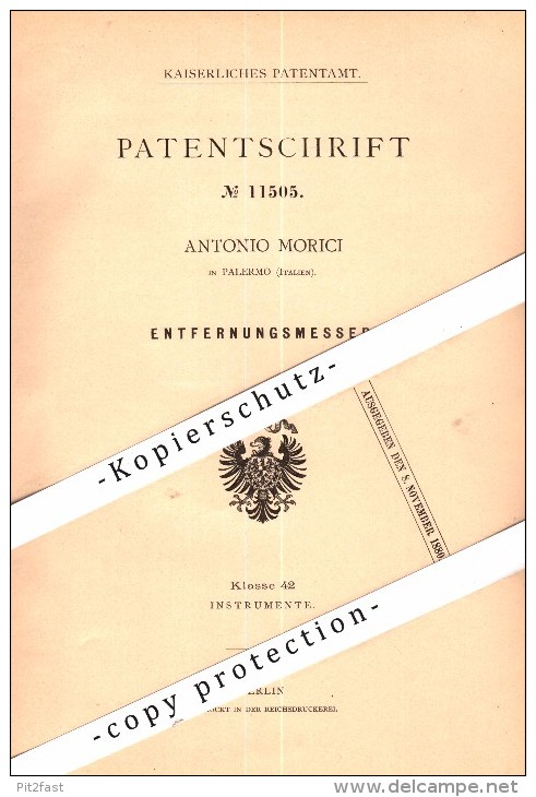 Original Patent - Antonio Morici In Palermo , Italia , 1880 , Telemetro , Sondaggio !!! - Optica