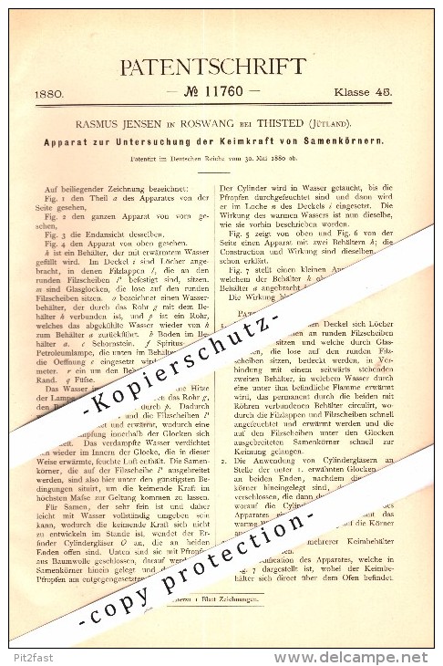 Original Patent - R. Jensen In Roswang Bei Thisted , 1880 , Apparat Für Keimkraft Von Samen , Saatzucht , Saat , Denmark - Dänemark