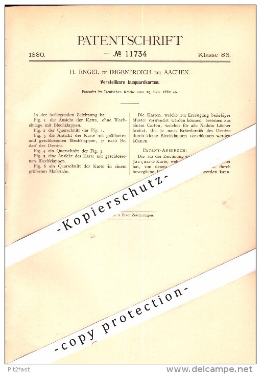 Original Patent - H. Engel In Imgenbroich / Monschau , 1880 , Verstellbare Jacquardkarten , Weberei , Weber , Aachen !!! - Monschau