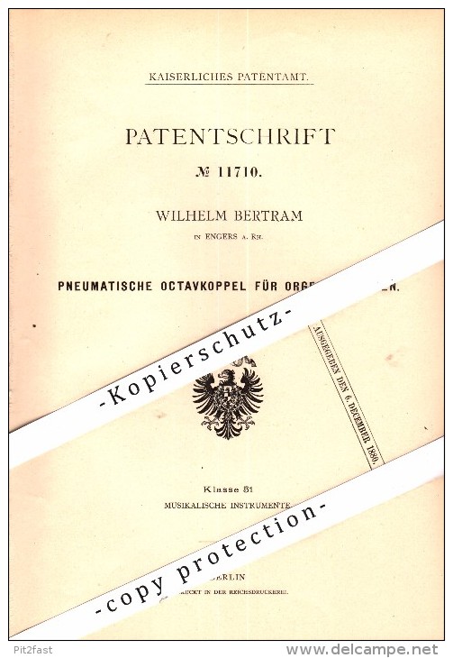 Original Patent - Wilhelm Bertram In Engers B. Neuwied A. Rh., 1880 , Pneumatische Octavkopple Für Orgel , Kirche !!! - Neuwied