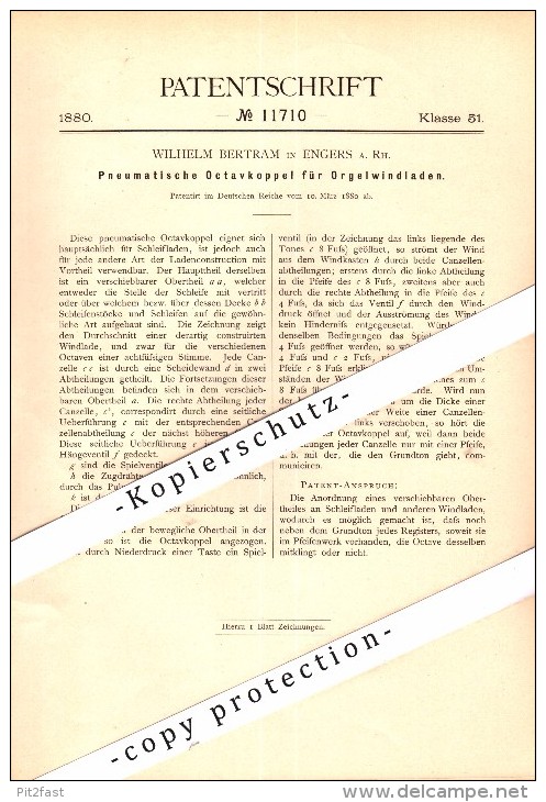 Original Patent - Wilhelm Bertram In Engers B. Neuwied A. Rh., 1880 , Pneumatische Octavkopple Für Orgel , Kirche !!! - Neuwied