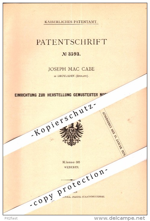 Original Patent - Oseph Mc Cabe In Droylsden , England , 1877 , Producing Patterned Fabrics , Weaving , Tameside !!! - Altri & Non Classificati