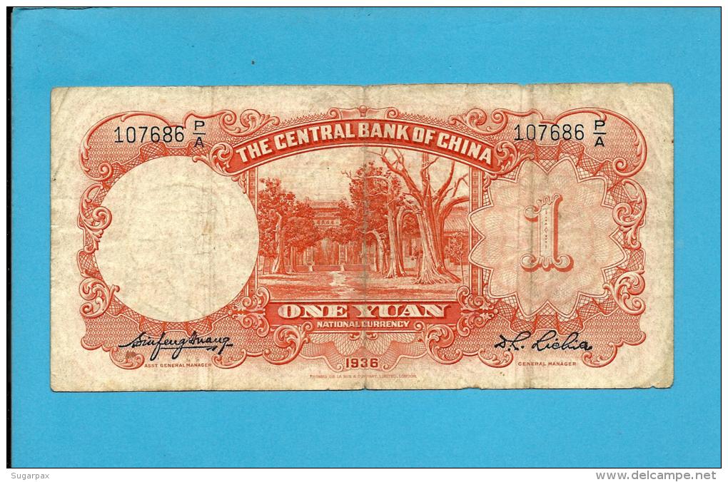 CHINA - 1 YUAN - 1936 - P  212. NEW - Back RED Not BROWN - Sign. 5 - The Central Bank ( National ) - 2 Scans - China