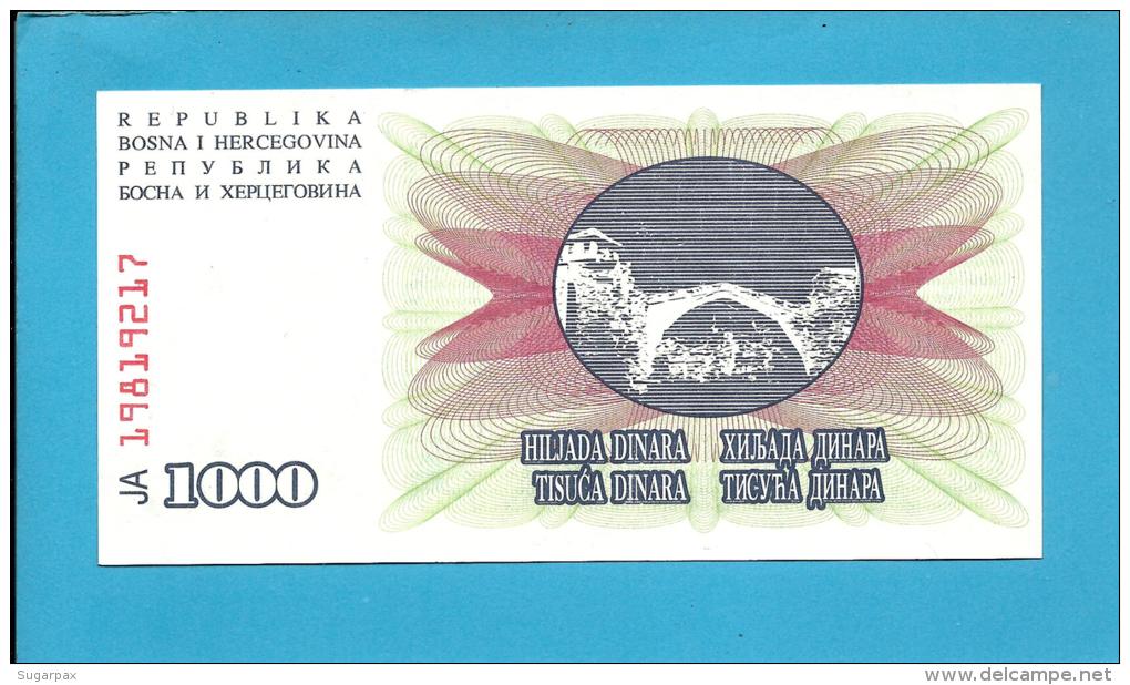 BOSNIA & HERZEGOVINA - 1000 DINARA - 1992 - Pick 15 - UNC. -  Prefix JA - Narodna Banka Bosne I Hercegovine - Bosnië En Herzegovina