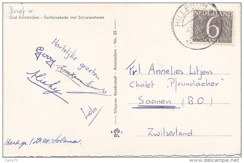 Péniches -  Péniche Amsterdam - Geldersekade Met Schreierstoren - Postmarked Hillegom 1959 - Péniches