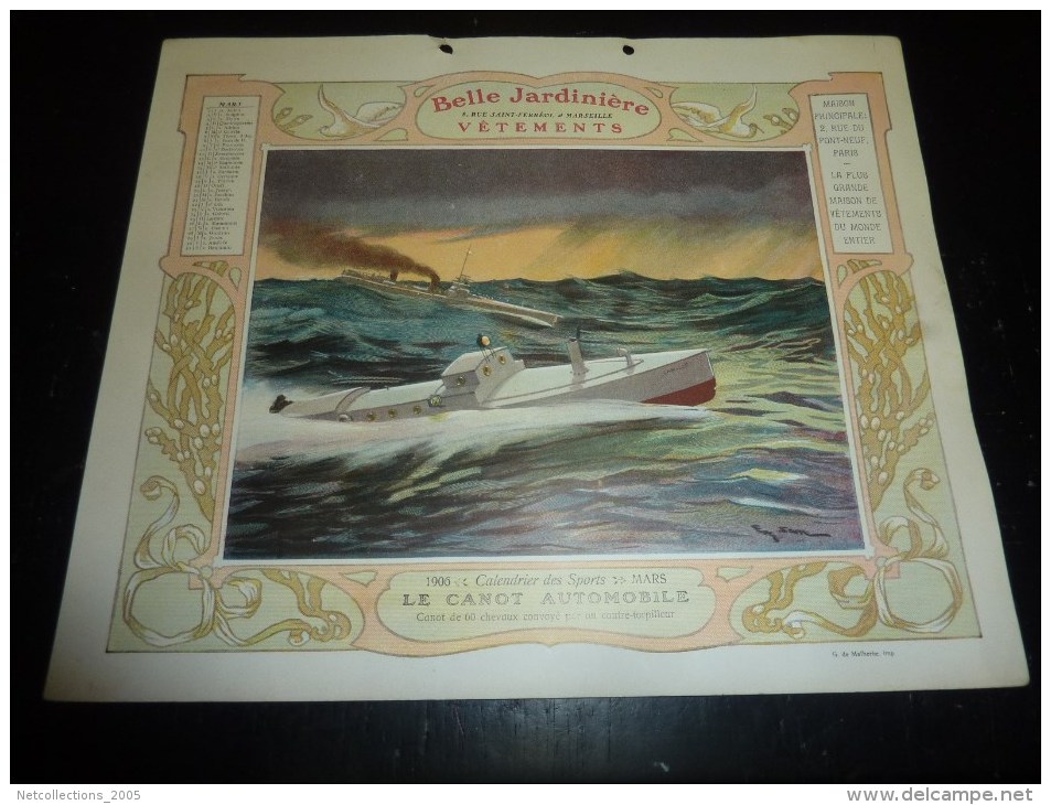 LA BELLE JARDINIERE VETEMENTS - ILLUSTRATION POUR CALENDRIER DE 1906 THEMATIQUE SPORT - LE CANOT AUTOMOBILE - Bateaux