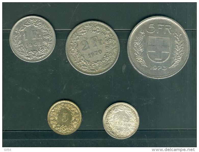 Lot De 5 Pièces Suisse, 5 Fr ( 1973), 2 Fr ( 1970), 1fr (1968), 1/2   Fr  (1948), 5 Cents (1986) - Pia113 - Sonstige & Ohne Zuordnung