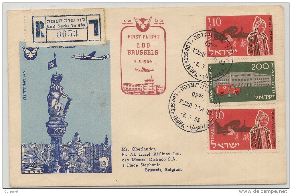 AEROPHILATELIE -1956 ISRAEL REGISTERED COVER FIRST FLIGHT LOD-BRUSSELS (CDS Reception At Back) - Aéreo