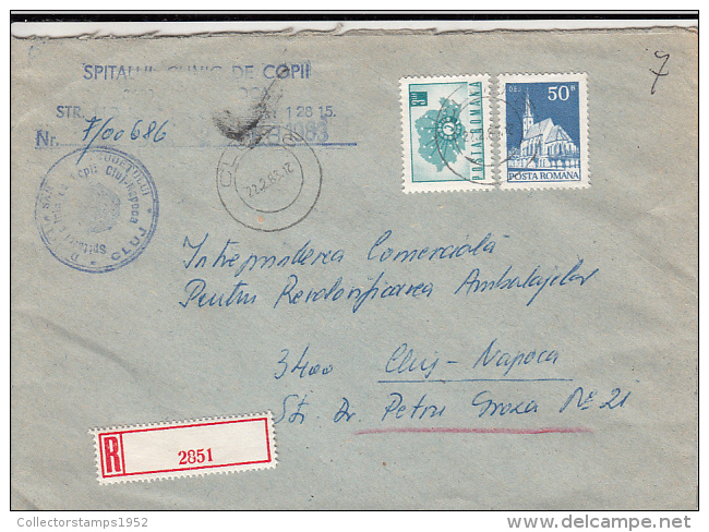 26942- PHONE NETWORK, CHURCH, STAMPS ON REGISTERED COVER, HOSPITAL HEADER, 1983, ROMANIA - Brieven En Documenten