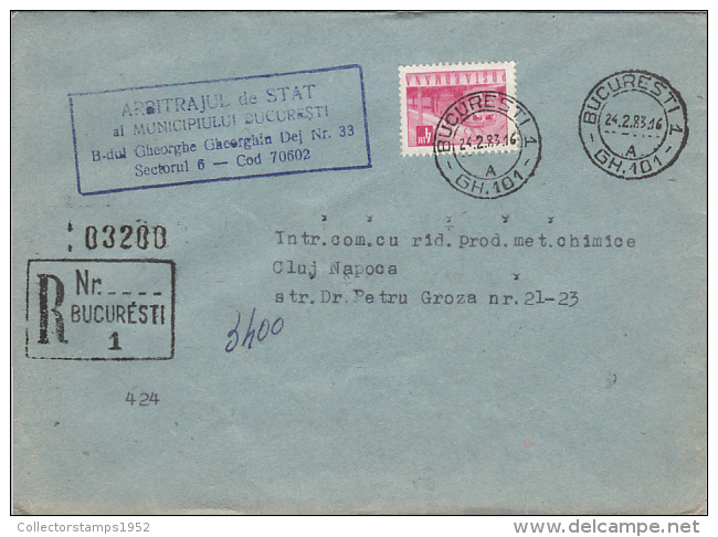 26954- TRAIN, LOCOMOTIVE, STAMPS ON REGISTERED COVER, STATE ARBITRATION OFFICE HEADER, 1983, ROMANIA - Lettres & Documents