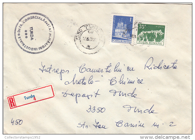 26966- REGISTERED COVER LABEL TURDA 4, COMMERCIAL COMPANY ROUND STAMP, MONASTERY, FORTRESS STAMPS, 1982, ROMANIA - Lettres & Documents