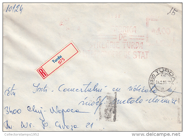 26967- REGISTERED COVER LABEL TURDA 975, GLASS FACTORY, AMOUN4, RED MACHINE STAMPS, 1983, ROMANIA - Covers & Documents