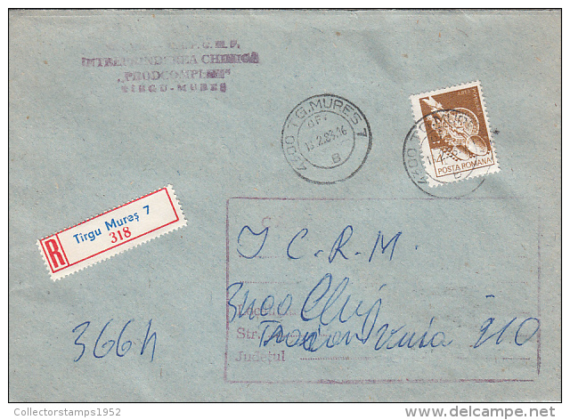 26969- REGISTERED COVER LABEL TARGU MURES 318, CHEMICAL COMPANY, POPULAR ART STAMP, 1983, ROMANIA - Covers & Documents