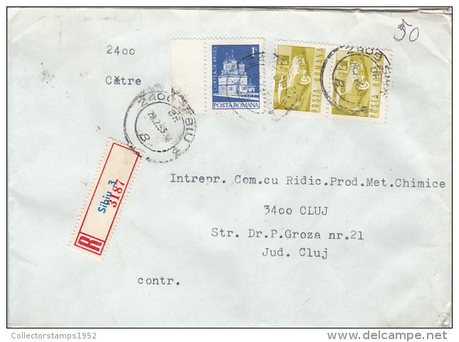 26971- REGISTERED COVER LABEL SIBIU 3-3187, MONASTERY, VINTAGE CAR STAMPS, 1983, ROMANIA - Covers & Documents
