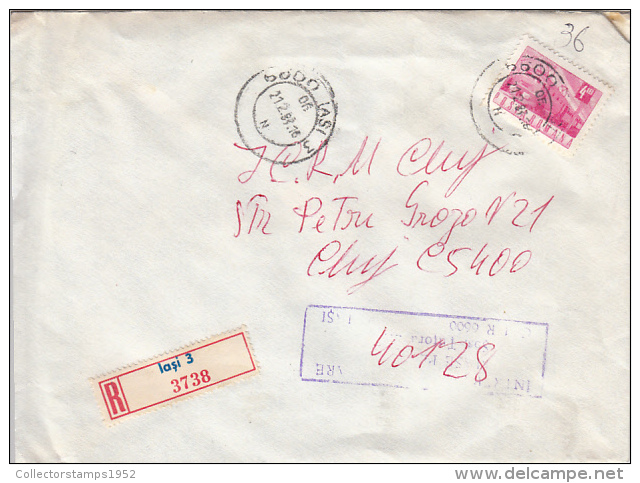 26972- REGISTERED COVER LABEL IASI 3-3738, PLASTIC COMPANY, TRAIN, LOCOMOTIVE STAMPS, 1983, ROMANIA - Lettres & Documents