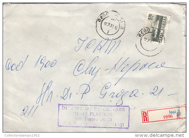 26973- REGISTERED COVER LABEL IASI 3-1696, PLASTIC COMPANY, SHIP STAMPS, 1982, ROMANIA - Lettres & Documents