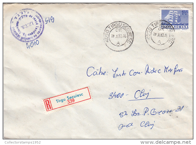 26977- REGISTERED COVER LABEL TARGU SECUIESC 339, ELECTRICAL INSULATORD COMPANY, SHIP STAMPS, 1982, ROMANIA - Lettres & Documents