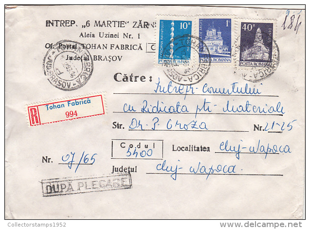 26982- REGISTERED COVER LABEL TOHAN FABRICA 994, ARMAMENT FACTORY, MONASTERY, CHURCH, ENDLESS COLUMN STAMPS, 1983, ROMAN - Covers & Documents
