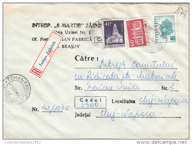 26983- REGISTERED COVER LABEL TOHAN FABRICA 295, ARMAMENT FACTORY, CHURCH, THEATRE, PHONE NETWORK STAMPS, 1983, ROMANIA - Storia Postale