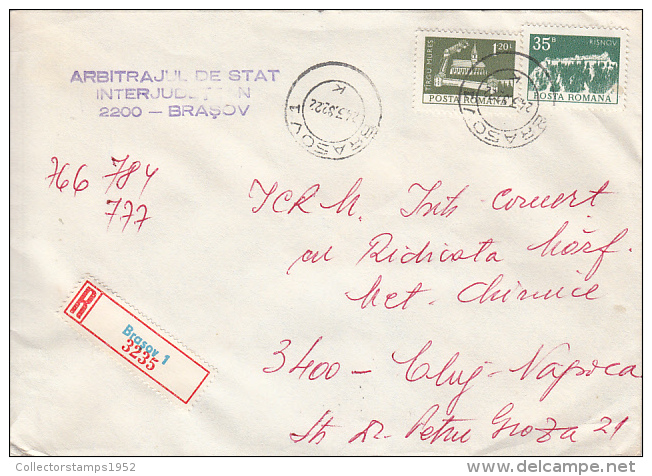 26984- REGISTERED COVER LABEL BRASOV 1-3235, STATE ARBITRATION OFFICE, CHURCH, FORTRESS STAMPS, 1982, ROMANIA - Covers & Documents