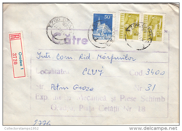 26988- REGISTERED COVER LABEL ORADEA 1-3720, MECHANICAL FACTORY, CHURCH, VINTAGE CAR STAMPS, 1983, ROMANIA - Covers & Documents