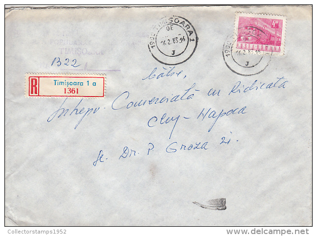 26990- REGISTERED COVER LABEL TIMISOARA 1a-1361, HANDICRAFT COOPERATIVE, TRAIN, LOCOMOTIVE STAMPS, 1983, ROMANIA - Covers & Documents