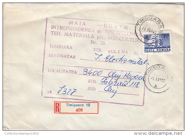 26991- REGISTERED COVER LABEL TIMISOARA 10-408, AGRICULTURE SUPLLYING COMPANY, SHIP STAMPS, 1981, ROMANIA - Covers & Documents